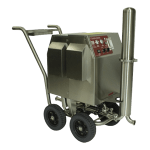 The Portable Ozone Generator is a stainless steel industrial machine equipped with two large rear wheels and two smaller front wheels. It includes a handle for easy maneuvering, various control buttons on a panel, and a tall cylindrical component on the right side. This portable unit is designed for heavy-duty use.